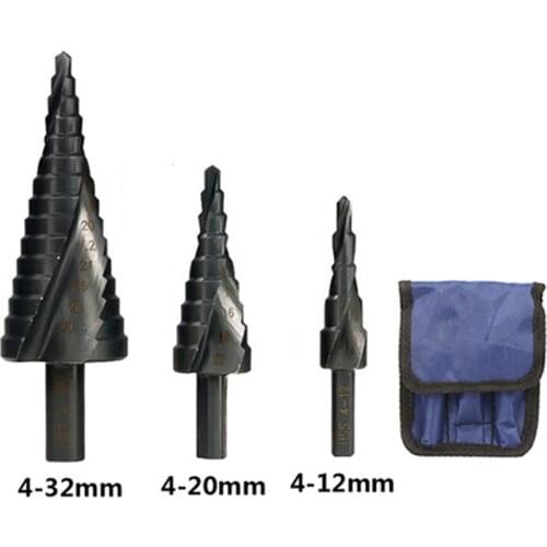 3pcs Reduced Shank Step Drilling Bits Cone Drill Bits Set Black Spiral Groove Step Drill Bit Titanium HSS 4-12/20/32mm