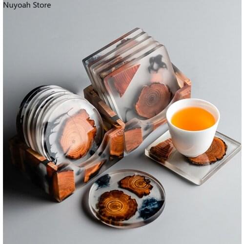 Creative Resin Tea Coaster Household Tea Set Accessories Round Tea Cup Tray Pine Tree/resin Crafts Tea Table Decoration 6pcs