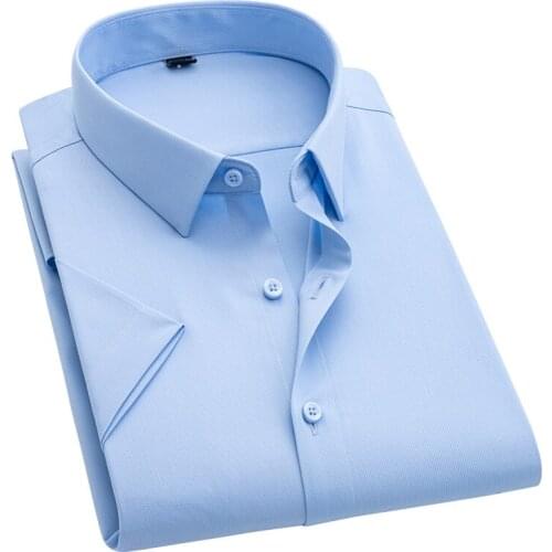 AOLIWEN brand men bamboo fiber blue solid color short sleeve shirt summer casual trend moisture wicking slim fit shirts S-5XL