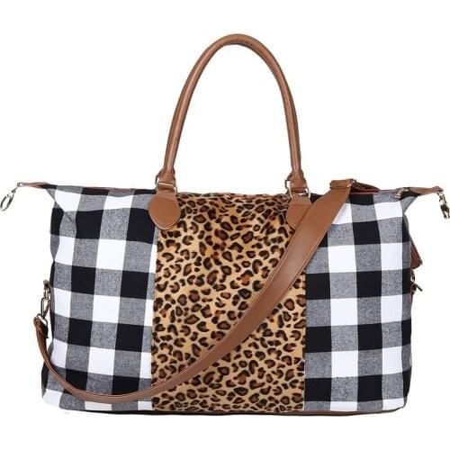 Buffalo Plaid Large Weekender Bag Fur Fleece Leopard Overnight Travel Duffle Bag For Women Christmas Red Tote Handbag