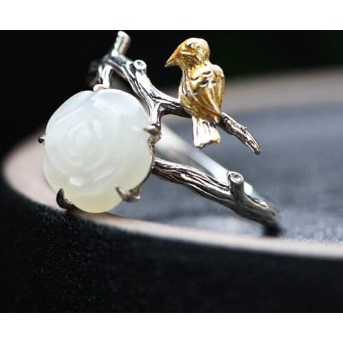 FNJ Hetian Jade Flower Ring 925 Silver Fashion Original S925 Sterling Silver Rings for Women Jewelry Adjustable size Gold Bird