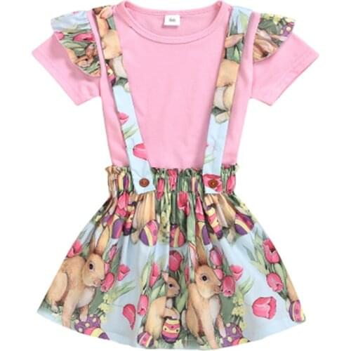 2021 Fashion Hot Toddler Baby Girl Short Sleeve Pink Tops T-shirt+Flower Bunny Skirt Kids Outfits 2pcs Clothes Set