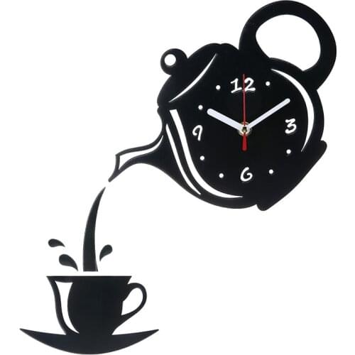 DIY Creative Kettle Clock 3D Coffee Cup Teapot Wall Clock Acrylic Mirrors Material With Quartz Movement Home Decoration