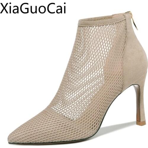 Summer Breathable Women High Heels Pumps Thin Heel Pointed Toe Female Boots Hollow Cutout Zip Ladies Pumps