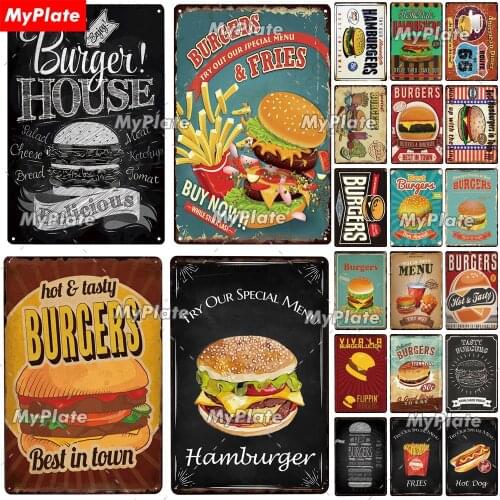 Hamburger Metal Sign Plaque Metal Vintage Fast Food Tin Sign Wall Decor for Kitchen Cafe Diner Bar Burger Metal Signs
