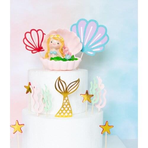 Cute summer magic bright gold mermaid coral shell star cake hat insert DIY card paper knot wedding decoration supplies