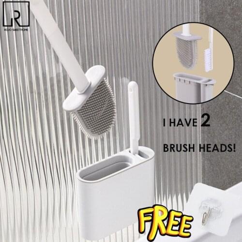 2 Flat Heads Toilet Brushes Gap Bathroom White Cleaning Tool Set Plastic Storage Holder Wall Mounted Long Handle WC Accessories