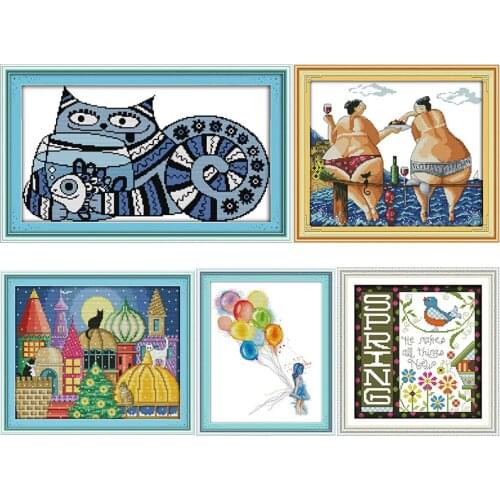 Cartoon Cat Cross Stitch Kits 11CT 14CT Printed Patterns Handmade Crafts on Fabric Counted Sewing for Needlework Embroidery Sets