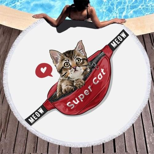 New Cute Uniform Cat Printed Round Microfiber Bath Towel Swimming Beach Surfing Mens and Womens Beach Towels
