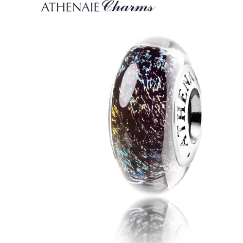 ATHENAIE Genuine Murano Glass Beads 925 Silver Core Midnight Effervescence Colorful Charms Fit All European Charms Braceletss