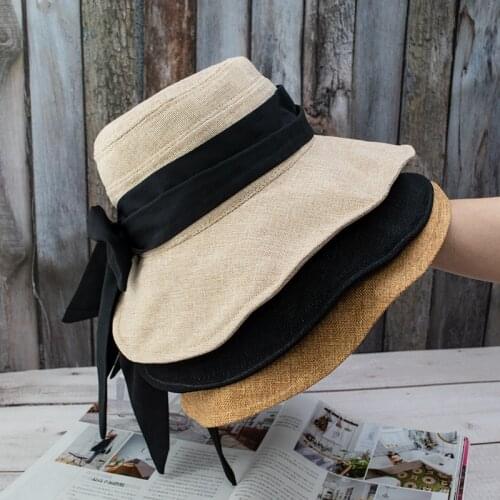 New Bow Summer Autumn Panama Solid Color Bucket Hat UV Protection Sun Hat Big Wide-brim Visor Women Sunscreen Fishermans Hat