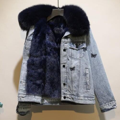 2021 New Casual Loose Embroidered Denim Parka Fashion Plus Fleece Large Fur Collar Warm Thick Jacket Winter Womens Outerwear