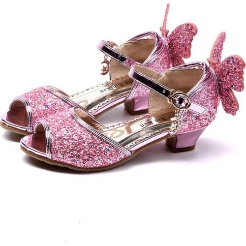 Summer Children Sandals For Girl High Heels Sandals Party Weddings Girls Princess Shoes Kids Glitter Leather Shoes Student Dance