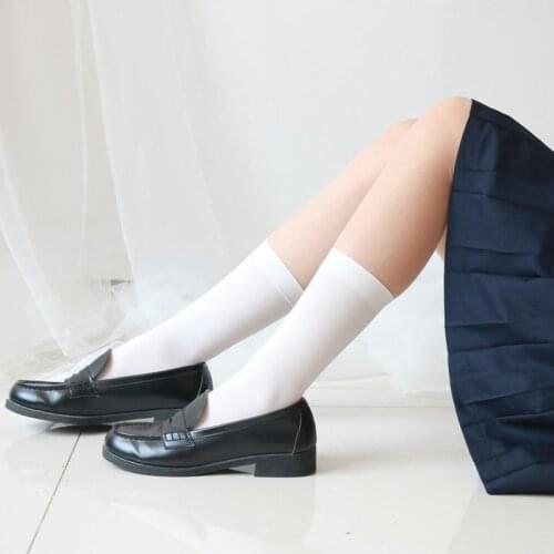 Solid Black White Socks Women Casual Breathable Summer Velvet Thin Elastic Long Socks Japanese Style High School Student Leg Sox