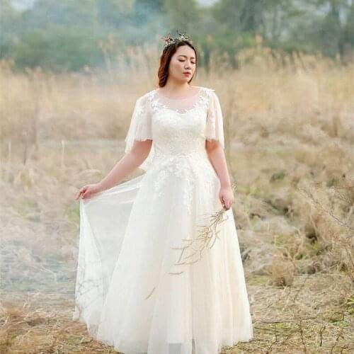 Evening Dress Pleat Empire Short Sleeves Lace Up Floor-Length Embroidery Elegant O-Neck Tulle Plus Size Women Formal Gowns D803