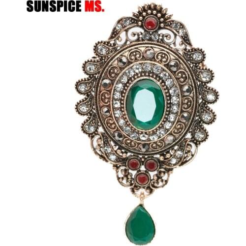 SUNSPICE-MS Vintage Brooch Pins For Women Antique Gold Color Water Drop Resin Pendant Ethnic Wedding Jewelry Lapel Scarf Corsage