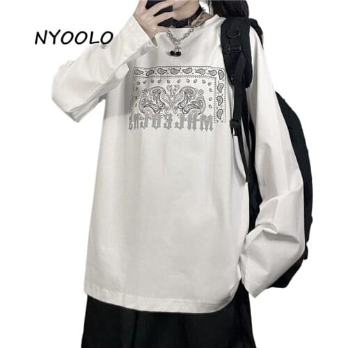 NYOOLO Vintage Floral Letters Print Long Sleeve Pullovers O-Neck Goth T-Shirt Women Men Clothes Spring Autumn Hip Hop Punk Tops