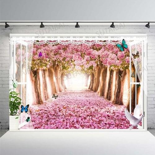 Cherry Blossom Backdrop Photography Window Butterfly Floral Garden Vinyl Girls Birthday Party Wedding Background Photo Studio
