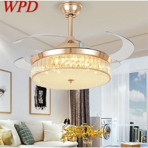 WPD Ceiling Fan Light Invisible Gold Luxury Crystal LED Lamp With Remote Control Modern For Home