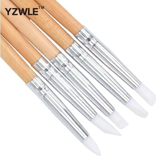 YZWLE 5PCS/Pack Silicone Nail Art Sculpture Pen Emboss Carving Polish Craft Wooden Handle Nail Art Brush Pedicure Tool 27