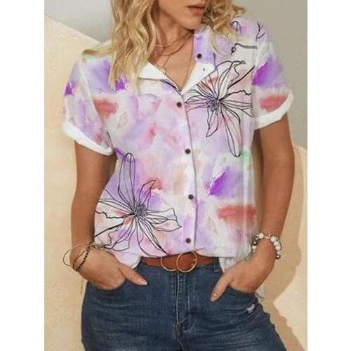 2021 European and American New Multicolor Flower Butterfly Printing Short Sleeve Tops Collar Casual Fashion Summer Women Shirt