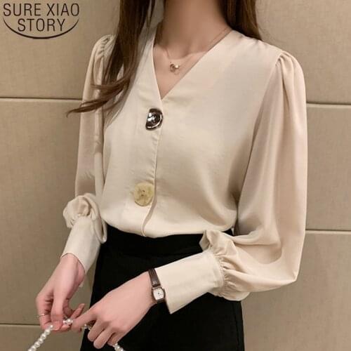 Women Vintage Blouses V-neck Long Sleeve Shirt Solid Women Tops Casual Korean Tops Lantern Sleeve Office Lady Clothes 10567