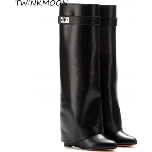 Wedge Shark Lock Womens Boot Genuine Leather Knee High Boots Winter Black Designer Fold Over Long Boot Botas Botas Mujer 2020