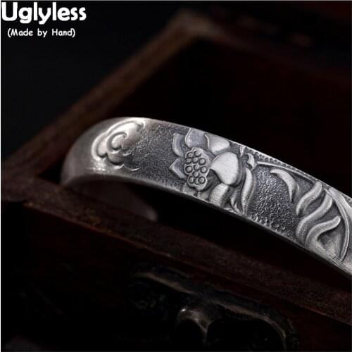 Uglyless Buddha Hand Lotus Flower Bangles for Women Solid 99.9% Full Silver Vintage Ethnic Open Bangles Thai Silver Bracelets