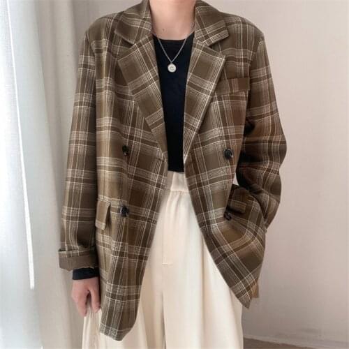 Vintage Notched Collar Brown Plaid Women Blazer Korean Loose Casual Double Breasted Big Pocket Long Sleeve Suit Coat Veste Femme
