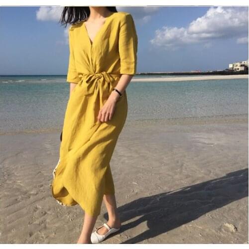 Obrix Retro Vibe Female Cotton Dress Mid Length V-Neck Half Sleeve Waist Sashes Vintage casual Comfy Dress For Women