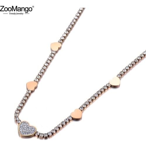 ZooMango Titanium Stainless Steel Sparkling CZ Crystal Love Heart Choker Necklaces For Women Chic Rhinestone Necklace ZN19190