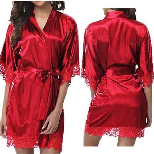 2020 Top New Fashion Womens Sexy Half Sleeve Lace Bathrobe Satin Robe Nightgown Lingerie Sleepwear Mini Dress