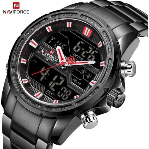 2021NAVIFORCE Black Mens Watches Business Fashion Quartz Analog Led Digital Calendar Luminous Stainless Steel Strap Male Watch