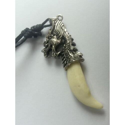 FREE SHIPPING 3 PCS REAL GENUINE WOLF WOLVES POINTY TOOTH DRAGON PENDANT ON BLACK ROPE NECKLACE