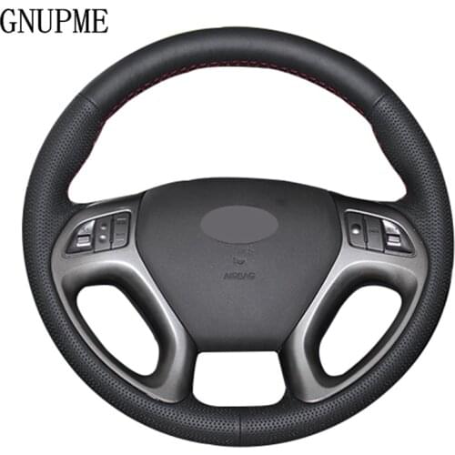 GNUPME DIY Steering Cover Hand-stitched Soft Artificial Leather Black Car Steering Wheel Cover for Hyundai ix35 Tucson 2011-2015