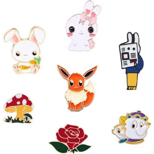Cute Animal Enamel Pins Rabbits Comic Fox Mushroom Rose Teapot Cartoon Brooches Shirt Coat Bag Collar pin Badge Gifts for kids