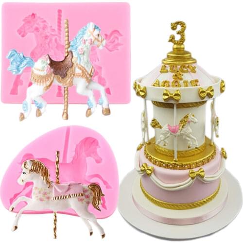 Carousel Horse Silicone Mold Baby Birthday Fondant Cake Decorating Tools Cookie Candy Chocolate Gumpaste Mould Soap Resin Moulds