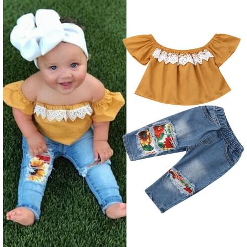 2PCS Toddler Kids New born Baby Girl Clothes Off Shoulder Lace Shirt Tops+Sunflowers Hole Denim Pants Outfits 1-5Y Fast Shipping