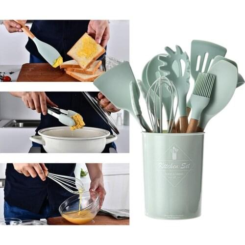 Multi Purpose Silicone Kitchen Cooking Utensils Natural Wood Handle Cooking Tools Turner Tongs Spatula Spoon With Organizer