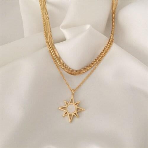 Trendy Gold Color Plating Snake Chain Ivory Star Pendant Layered Necklace For Women Girl Gorgeous Elegant Chic Jewelry Accessory