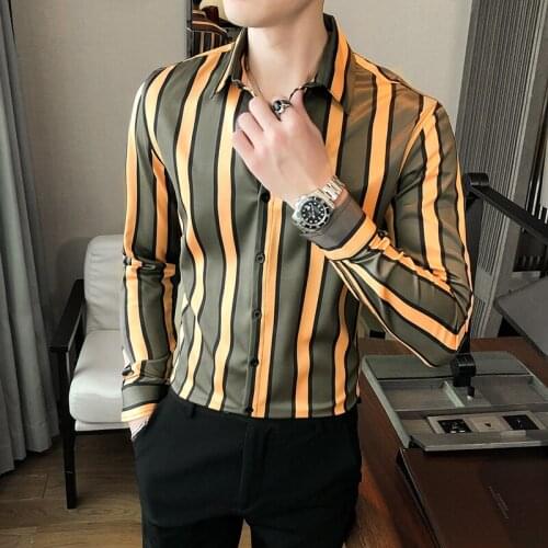 New Masculinas Homme Color Striped Slim Long-sleeved Shirt Korean Hair Stylist Casual Dress Tops