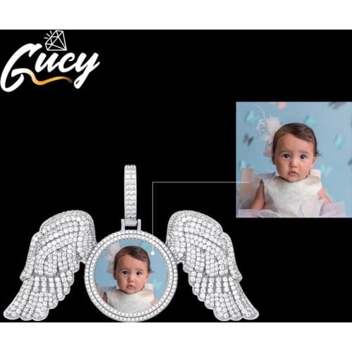 GUCY New Custom Made Photo With Sngel Wings Necklace & Pendant 4mm Tennis Chain Cubic Zircon Mens Hip Hop Jewelry