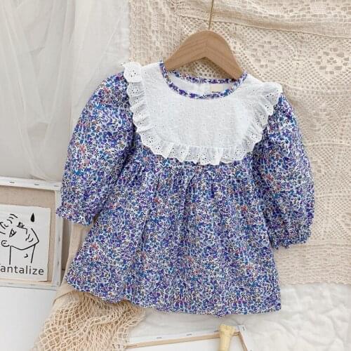 Autumn New Arrival Girls Long Sleeve Floral Dress Kids Korean Design Dress Girl Clothes Blue 2-7Y