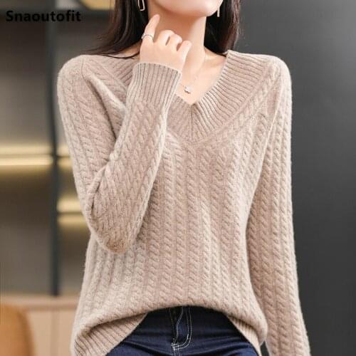 21 Autumn Winter New,Twist Big V-Neck,100% Pure Wool Sweater Women,Thick Warm,Large Size Loose,Lazy Wind,Knitted Bottoming Shirt