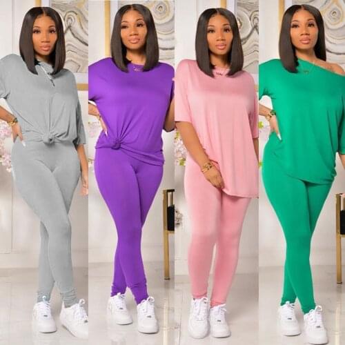 TNNAOFF Sexy Solid Two Piece Tracksuits Women Set Short Sleeve T Shirt Fashion Elasticity Sweat Pants Lounge Wear Matching Set