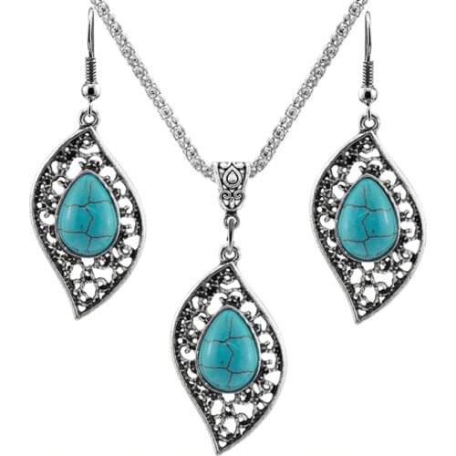 FYJS Unique Silver Plated Leaf Shape Green Turquoises Stone Pendant Necklace Drop Earrings Fashion Jewelry Sets
