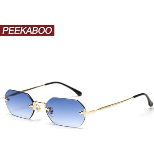 Peekaboo men rectangle sunglasses rimless octagonal small glasses women metal gold polygon blue brown 2021 uv400 frameless