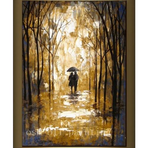 Handmade Modern Abstract Wall Art Decor Landscape Canvas Picture Pure Handpainted Walk in Yellow Glod Flower Forest Oil Painting