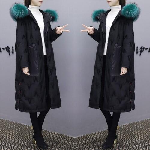 High Grade New Winter Black Embroidered Parka Down Coat Jacket Women Korean Long Big Fur Collar White Duck Down Jacket Women Coa