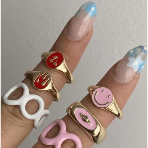 Y2K Rings Red Pink Enamel Cherry Planet Flame Decor Rings for Women Girls 00s Vintage Summer Fashion Jewelry